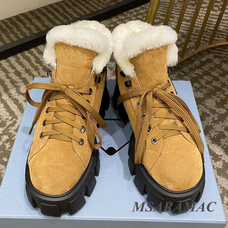 

Popular round toe plush platform ankle boots leather ladies lace-up short boots winter fashion warm1, Black