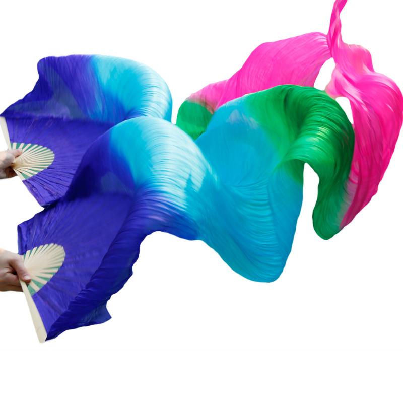 

New 100% Silk Handmade Props Veil Belly Dancing Fans Natural Silk 1 Pair Gradient Color Royal Blue+Turquoise+Green+Rose 5 Sizes, As picture