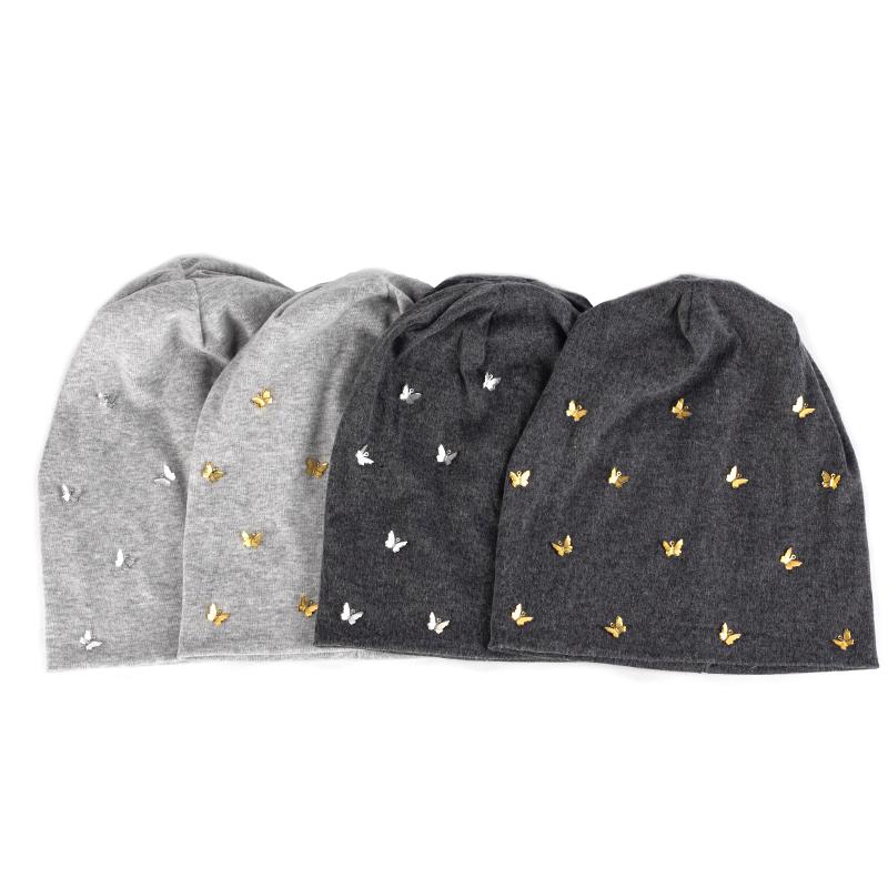 

Solid Color Spring Autumn Bonnet Hat For Women Girls Gold Silver Butterfly Accessory Beanie Hat Fashion Skullies Knit, Silver-light-grey