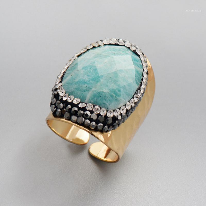

Rings for Women Gold Color Amazonite Party Ring Paved Crystal Fashion Wedding Cocktail Rings Wife Gifts Size 71