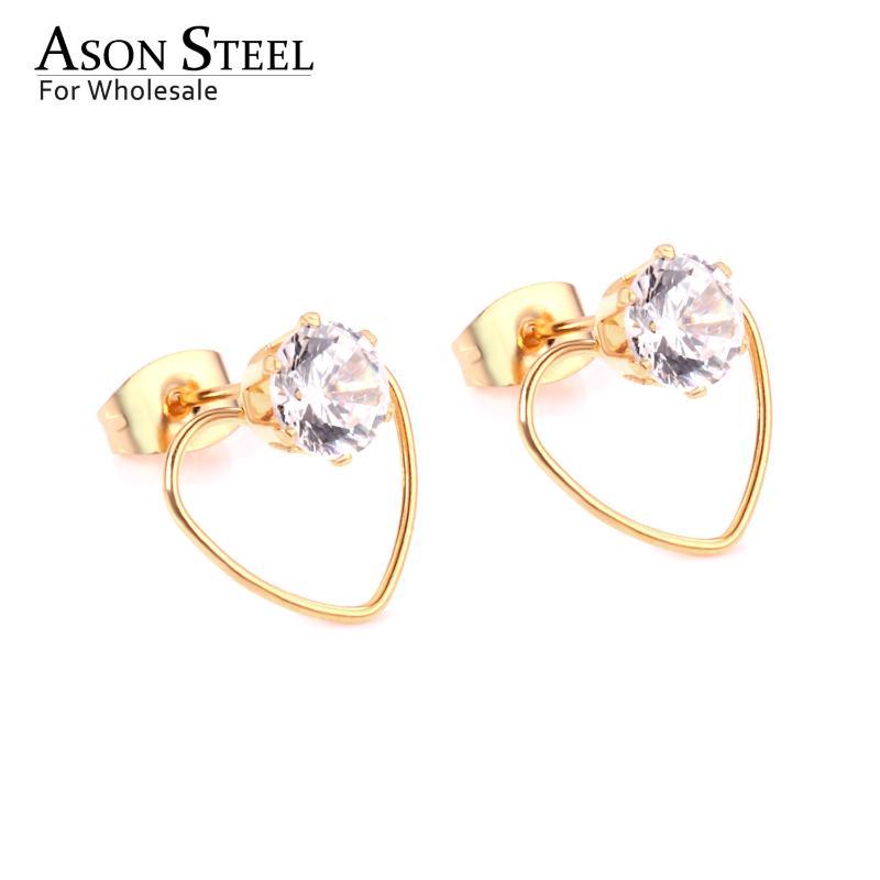 

ASONSTEEL Valentine's Gift Stainless Steel Heart Stud Earrings Gold Silver Color Round Cubic Zirconia Stud Earrings Classic
