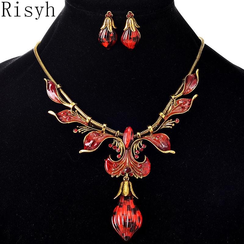 

Risyh Fashion exaggerated peacock leaves drops necklace set Lady necklace pendant