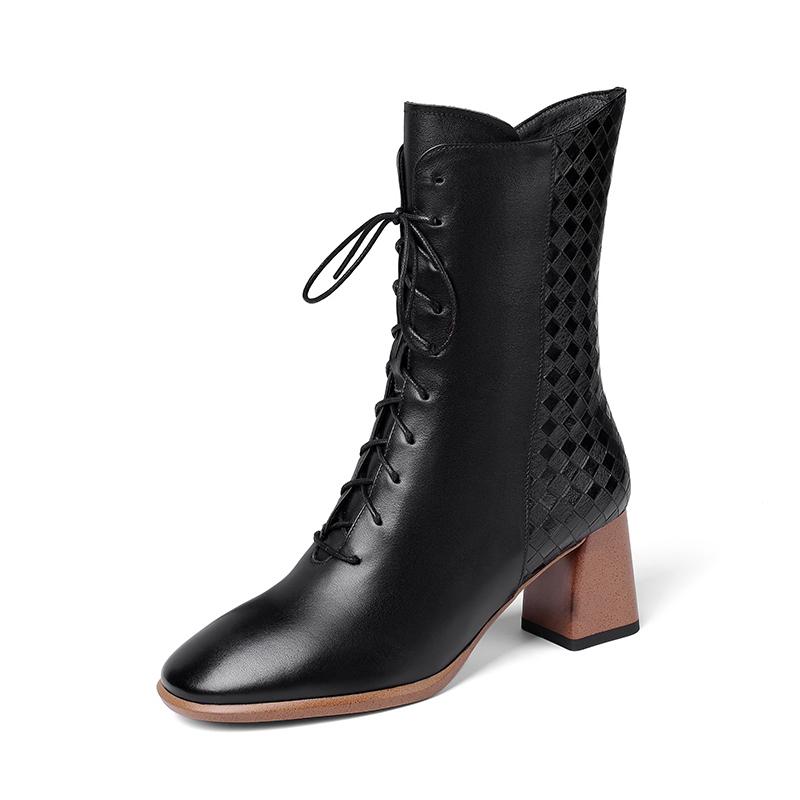 

2020 Cowboy Boots For Women Pointed Toe Western Boots Genuine Leather Mid-calf Women Chunky Wedges Runway, Beige