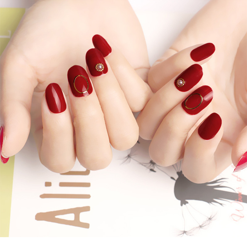 

Simple Fashion False Nail Simulation Pearl Decor Artificial Nail Sticker With Glue Women Handmade Red Color Beauty Fake Nails, As show