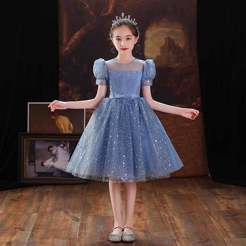 

Girl's Dresses Blue Princess Puffy For 8 Year Old Girl Elegant O-Neck Shiny Sequin Tulle Short Kids Birthday Party Gowns, Red;yellow