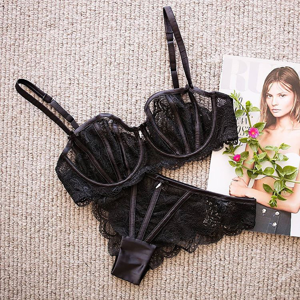 Black Women Underwear Push Up Bra And Panty Set Ladies French Lingerie