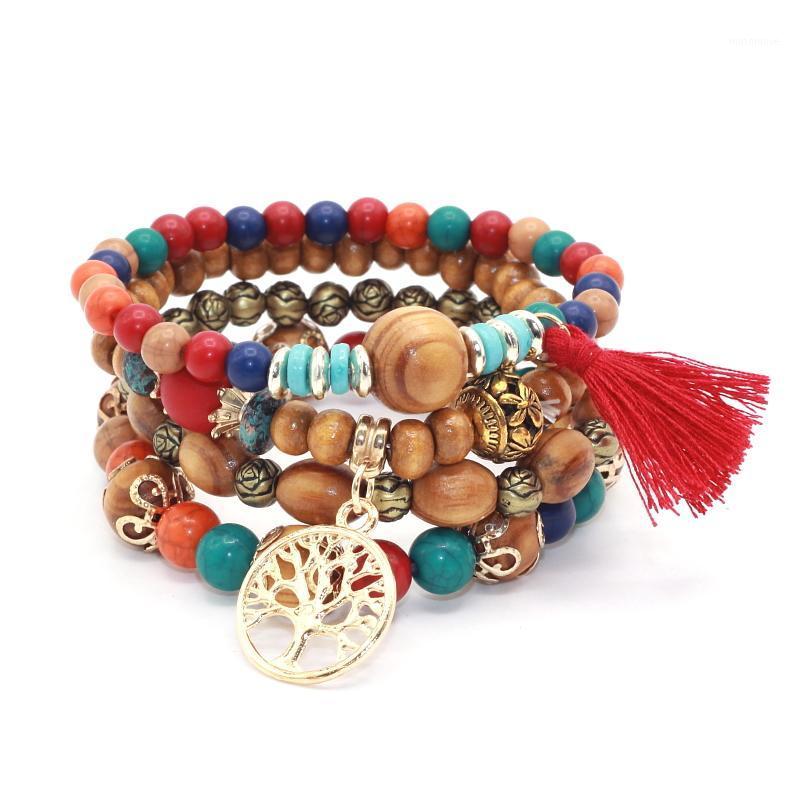 

4pcs/set Wood Beads Tassel and Tree Charms Bracelet Set Strand Stretch Yoga Friendship Bracelets Bangles Jewelry for Women1