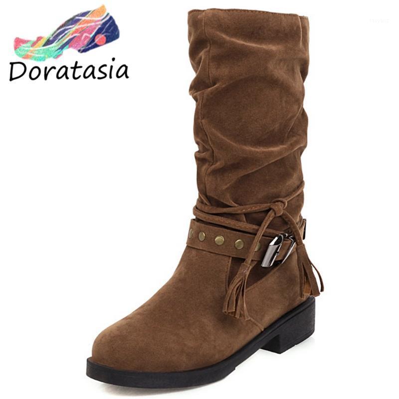 

DORATASIA New Women Concise Decorating Shoes Comfy Low Chunky Heels Boots Women Elegant Pleated mid-calf Boots1, Brown