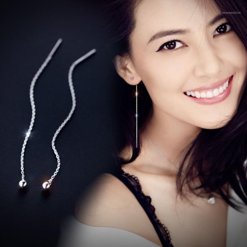 

1pair Real. 925 STERLING SILVER Ear Pull Through Ball&Tassel Threader Earrings Long Charms Fine jewelEry for Women's GTLE5641