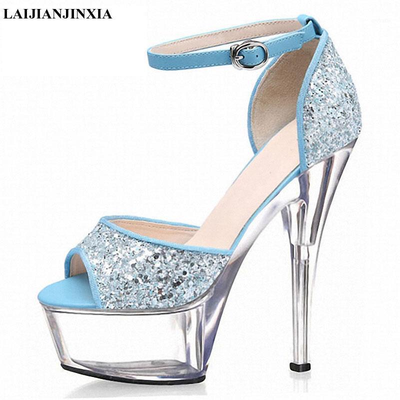 

LAIJIANJINXIA New 6 Inch Sexy Clubbing High Heels Platform Sparkling Glitter Silver Wedding Shoes Ankle Strap Crystal Sandals1, H045