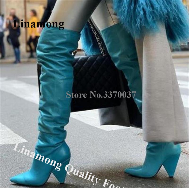 

Linamong Newest Pointed Toe Over Knee Spike Heel Boots Blue Leather Slim Stlye Strange Heels Long Boots Club Dress Shoes, Customize colors