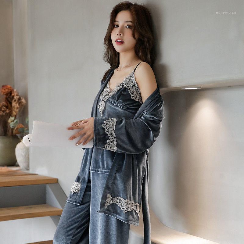 

5XL Plus Size Velvet Robe Nightwear 3 Piece/sets Pajamas Sets Lace Sexy Lingerie Women Kimono Winter Sleepwear Lounge Clothes1, Blue