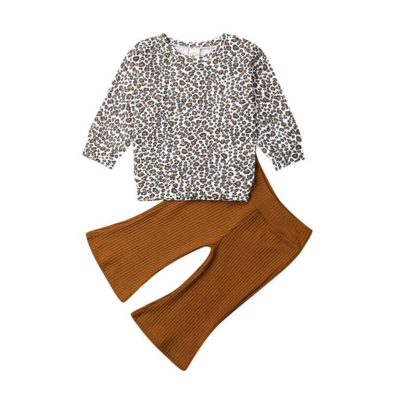 

2021 Brand New Infant Baby Girl Clothes Long Sleeve Leopard Tops+Knitted Flared Pants Outfit 0-4Years, As pic
