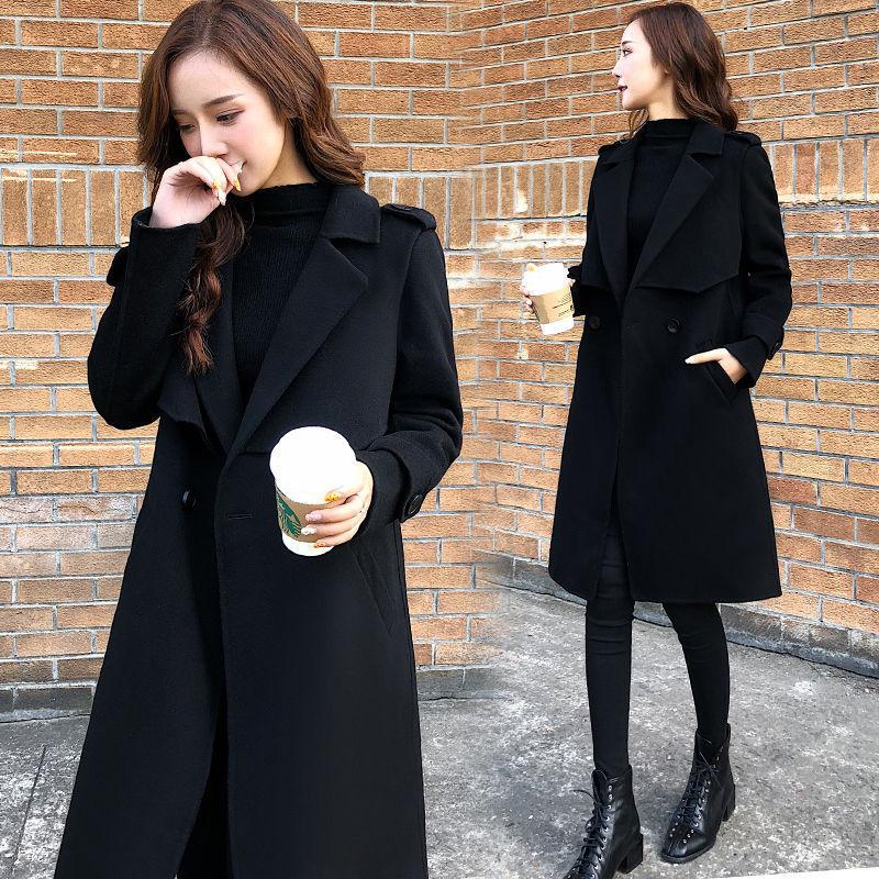 

Wool double faced cashmere overcoat autumn winter 2020 new Hepburn Style Black Medium Length wool overcoat for women