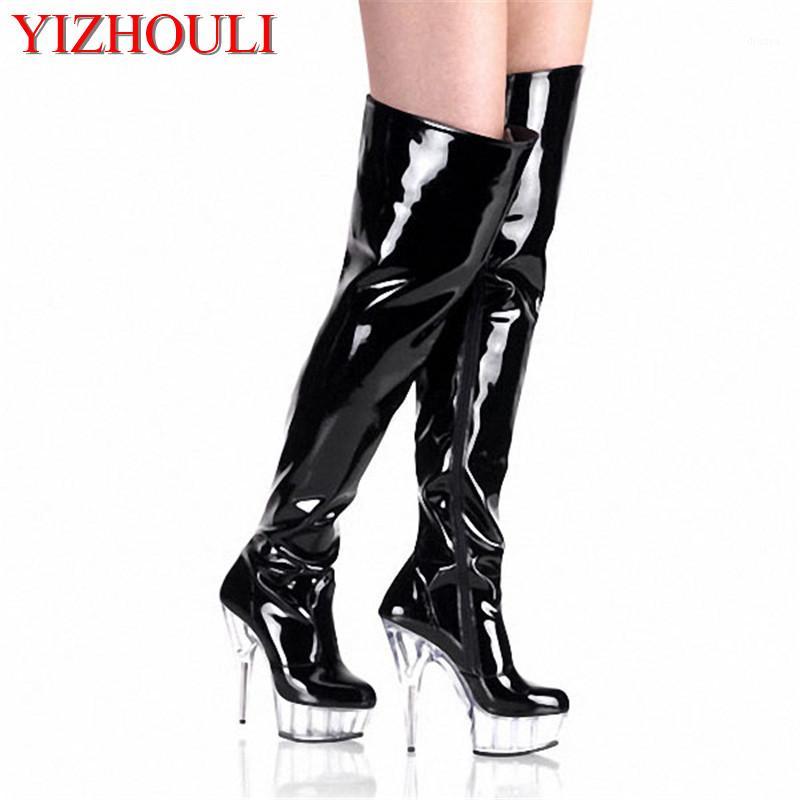 

15cm ultra high heels boots barreled crystal platform leather performance shoes plus big size 6 inch thigh high boots1, Black