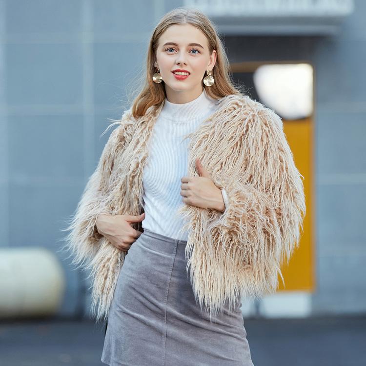 

New Fashion High imitation Mongolia Sheep Fur Coat female Fall&Winter Plush Cardigan Overcoat Women Faux Fur Coat, White