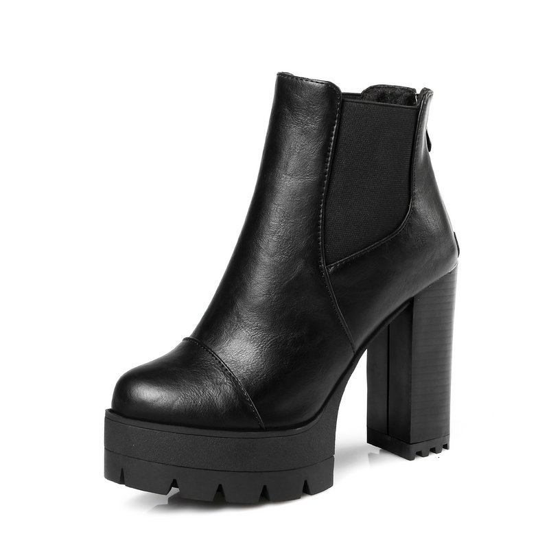 

2021 New Pu Leather Ankle Square High Heel Women Shoes Autumn Winter Round Toe Short Boots Size 34-43 Cdux, Black