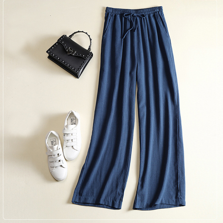 

2021 New Summer Stright Cotton and Linen Material Casual Lace-up Waist Women Long Pants Female Trousers Outwear 8k7d, White
