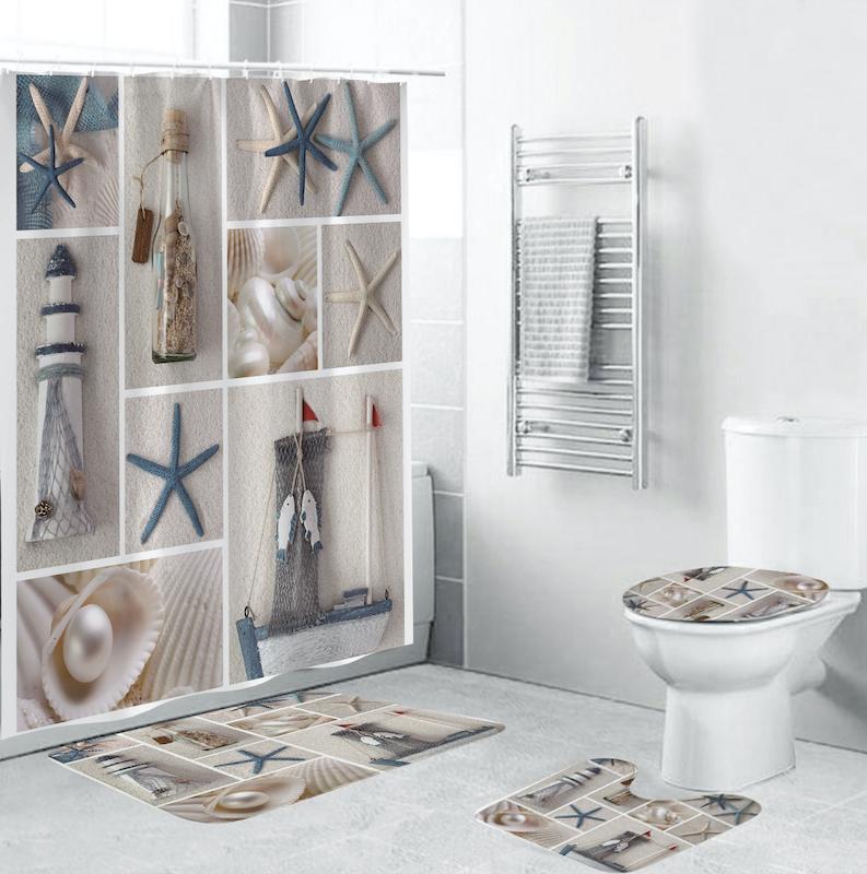 

4 Pieces/Set Of Starfish Print Bathroom Accessories Cushion Carpet Cover Toilet Seat Cushion Shower Curtain