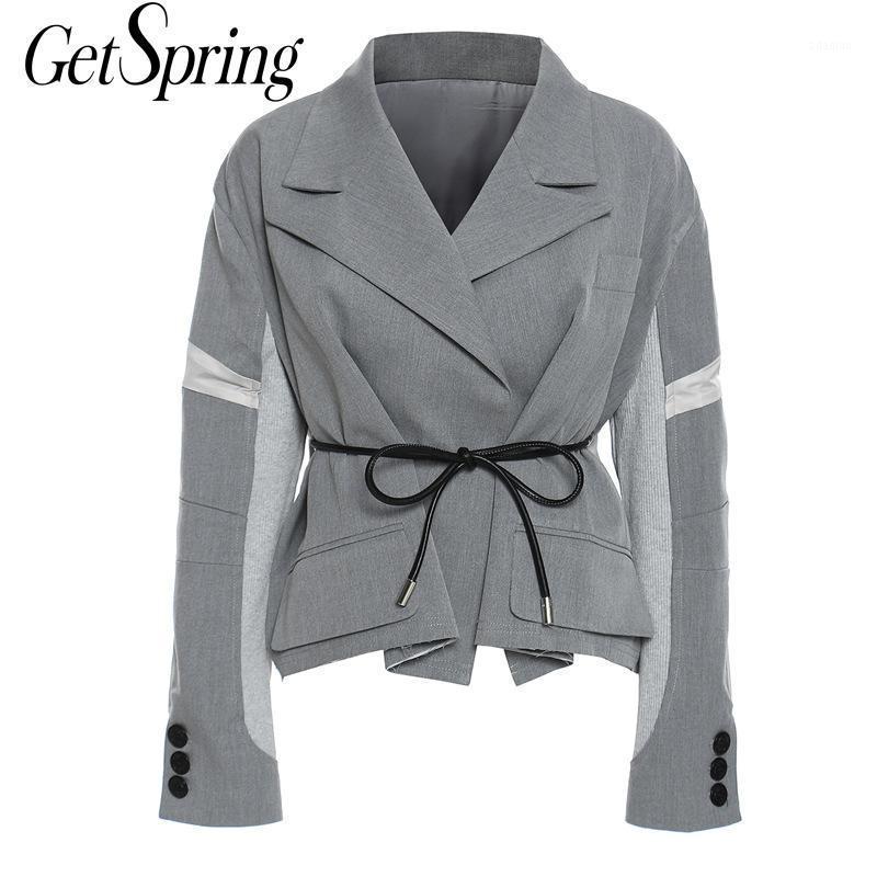 

Getspring Women Blazer Patchwork Irregular Women Blazers Jackets Asymmetry Color Matching Bandage Gray Womens Blazer Long Sleeve1