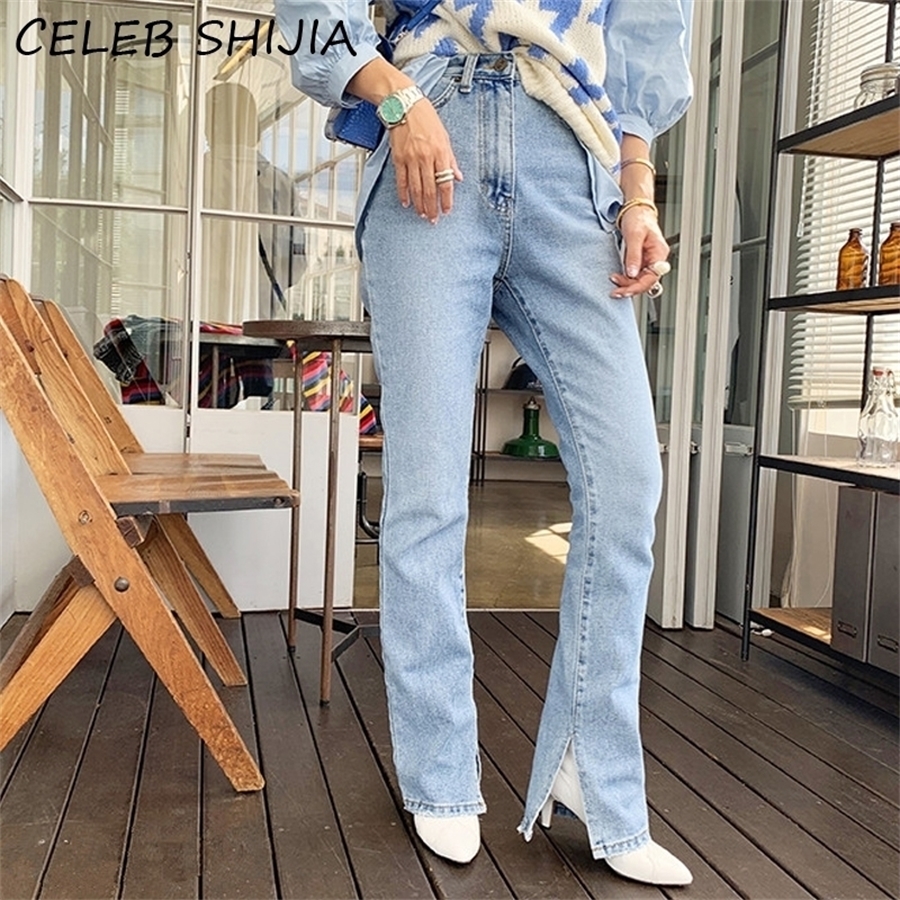 

Light Blue New Woman jeans High Waist vintage Split denim straight pants woman mon autumn winter fashion jean Bottoms lady 210203