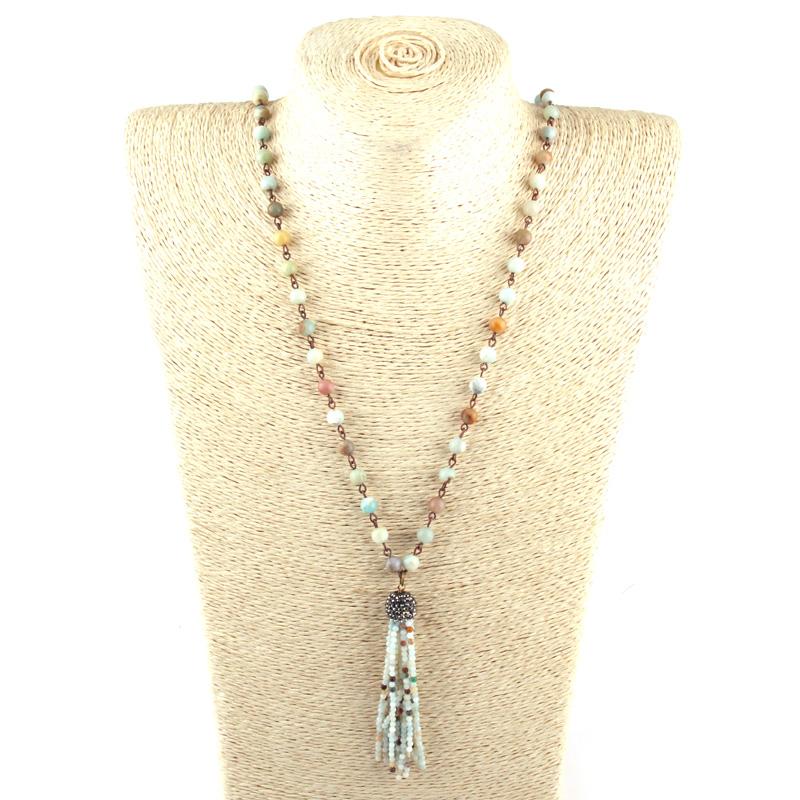 

Fashion Bohemian Tribal Jewelry 6mm india Agat bead Knotted Stone Tassel Pendant Long Necklace