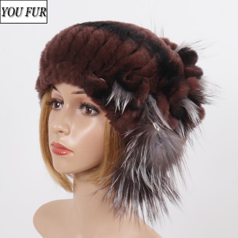 

New Women Good Elasticity Real Rex Fur Hat Natural Warm Rex Fur Cap Lady Knit Real And hats1, Color 1
