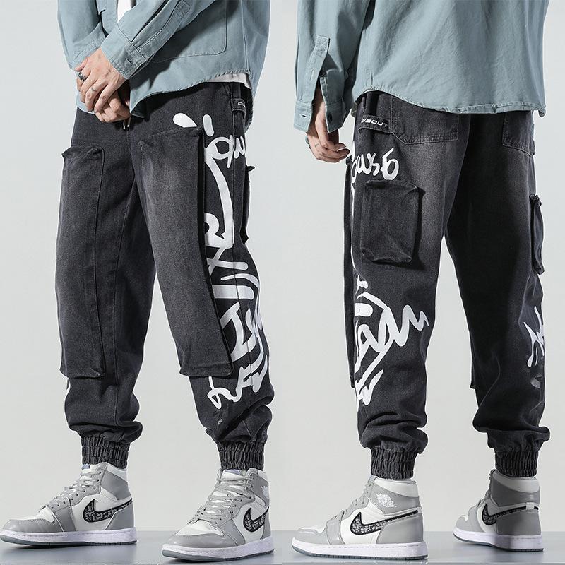 

New Autumn/Winter 2020 Vintage Jeans For Men Elastic Waist Loose Printed Wash Harem Casual Pants, Black