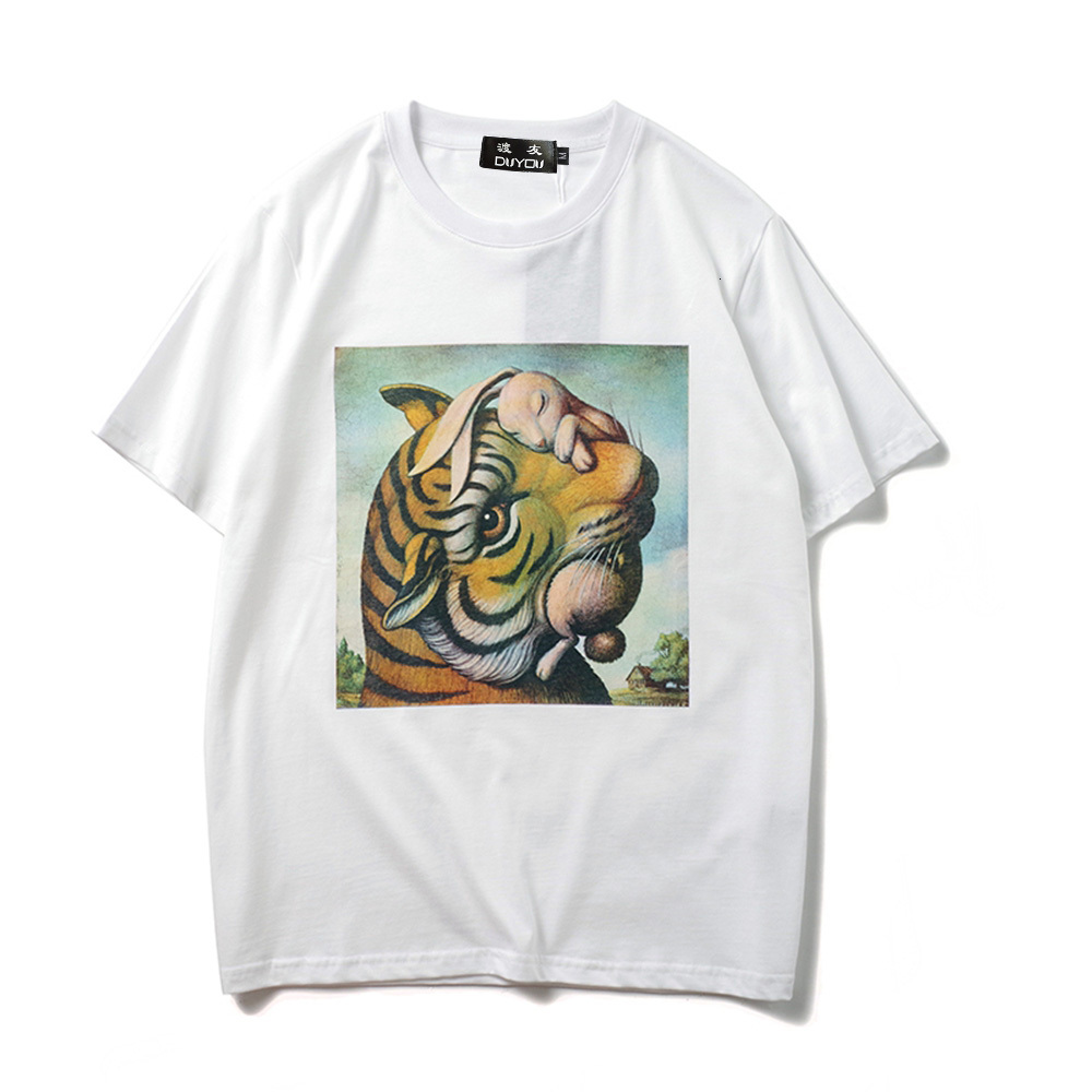 

Tiger Head Rabbit Print Cotton Short Sleeve Men' Cartoon Parttern T-shirt Women Shirts|streetwear 6ob2, Black