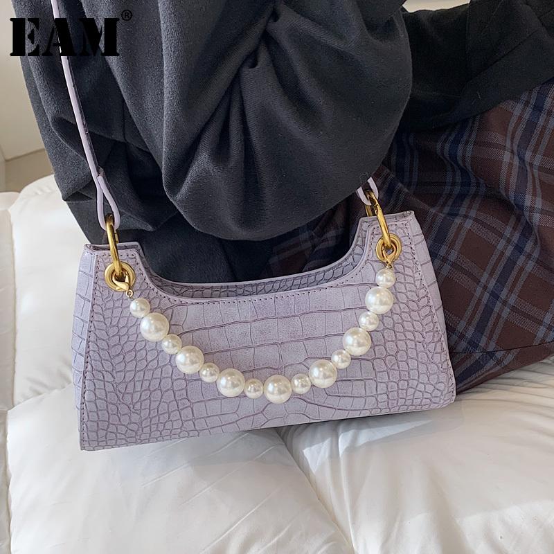 

[EAM] Women New Pearls Metal Chains PU Leather Flap Personality All-match Crossbody Shoulder Bag Fashion Tide 2021 18A1608, Pearl purple