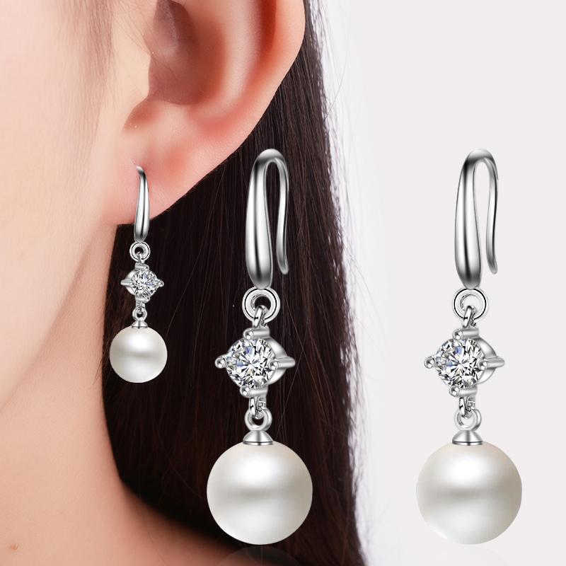 

Korean Fashion White Gold Plated 8/10/12mm Pearl Drop Earrings for Women High Quality Zirconia Dangle Earring Jewelry 2020