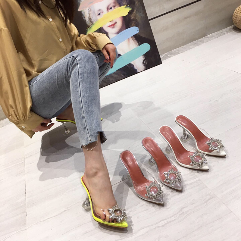

2021 New European and American-style Sunflower Pointed Toe Tou Ng Gen High Stiletto Slippers 4TD3, Silver