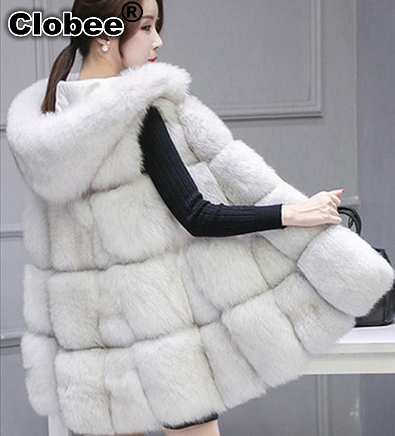 

2020 Autumn Winter Warm Medium Long Women Hooded Faux Fur Vests Artificial Fur Vest Plus Size 4XL 5XL Waistcoat W766, White