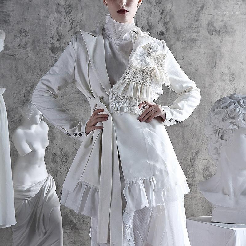 

Patchwork Ruffle Mesh Blazer Women Notched Collar Long Sleeve High Waist Lace Up Irregular Suit Female Fashion Tide1, White