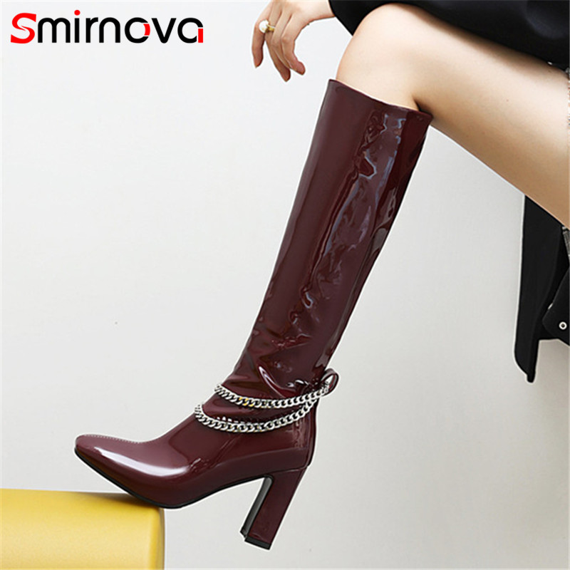 

Smirnova 2020 big size 49 newest knee high boots women square toe 9cm high heel boots chain zip fashion party casual shoes woman, Black