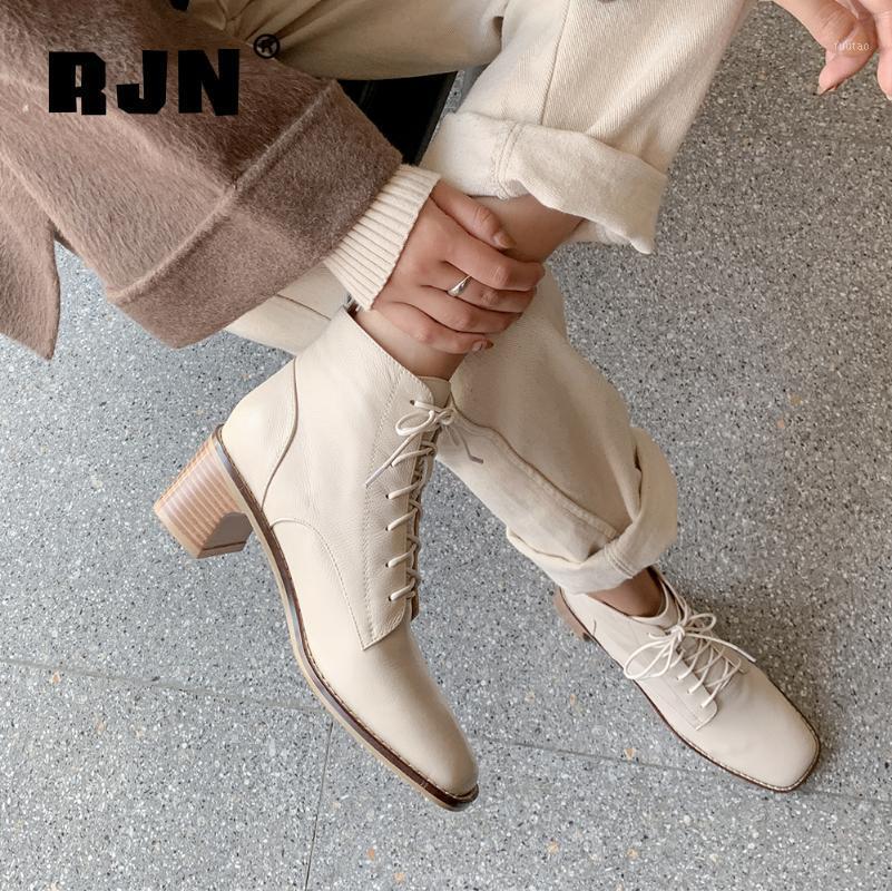 

RJN New Stylish Ankle Boots Classic Square Toe Mid-heel High Quality Cow Leather Lace-up Shoes Women Comfortable Boots RO2581, Beige