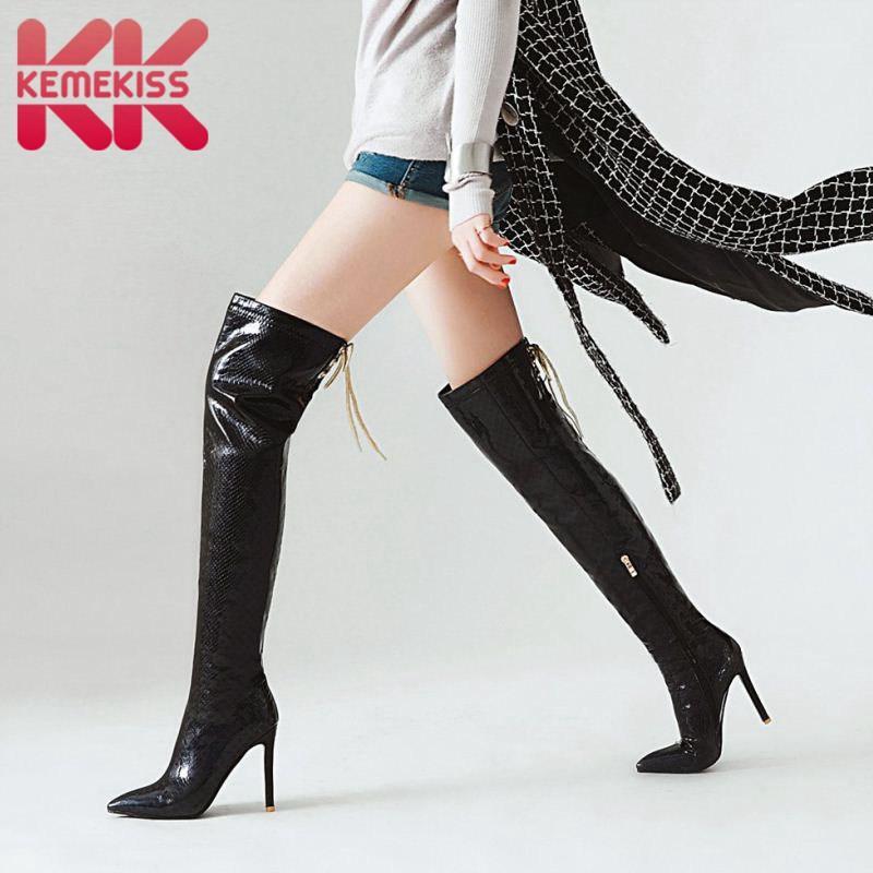 

KemeKiss Plus Size 32-47 Women Knee High Boots Quality Winter Fur Warm Shoes Women Snakeskin Pattern Sexy Thin High Heels Boots1, Black