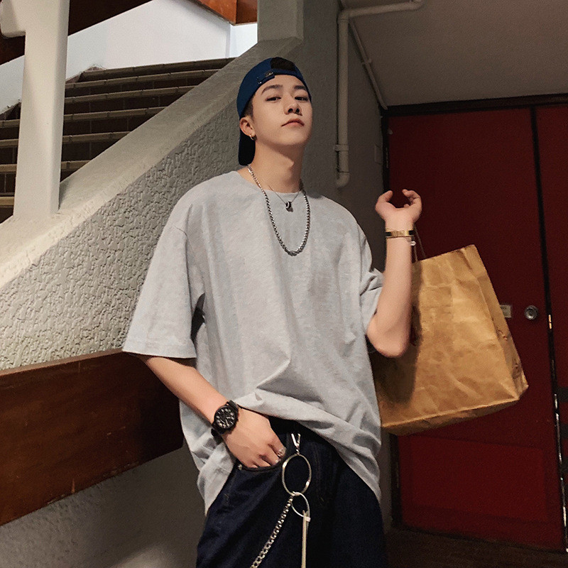 

Over Size 2021 Brand New Summer Mens T Shirt Round Collar Cotton Short Sleeve T-shirt for Male Pure Color Loose Tops Tshirt, Light grey