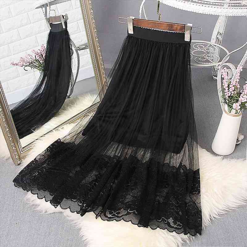 

large size summer a line skirt women lace girl high waist slim long skirts young female falda, Black