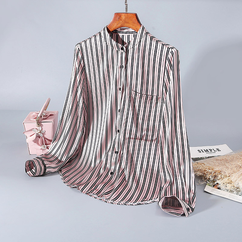 

2020 Striped Double New Turtleneck Breasted Silk Shirt Spring Fine Temper of Women Manga Long Cardigan Female Fashion Cxhn, See chart