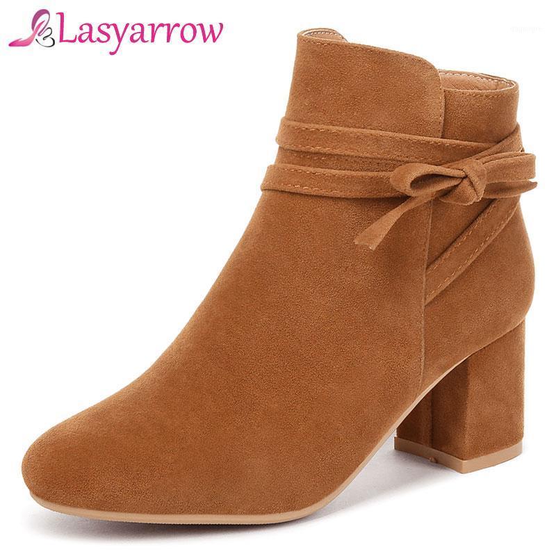 

Lasyarrow Ankle Boots for Women Chunky High Heels Shoes Woman Fashion Boots Female Zip Solid Bow Knot Big Size 33-43 F2821, Black