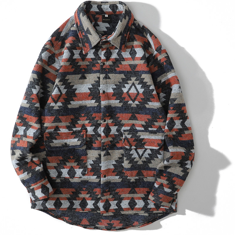 

2020 Flannel Male Cashmere Warm Winter Thick Sleeve Long Vintage Geometric Pattern Printed Streetwear Up Shirts E0g9, Green