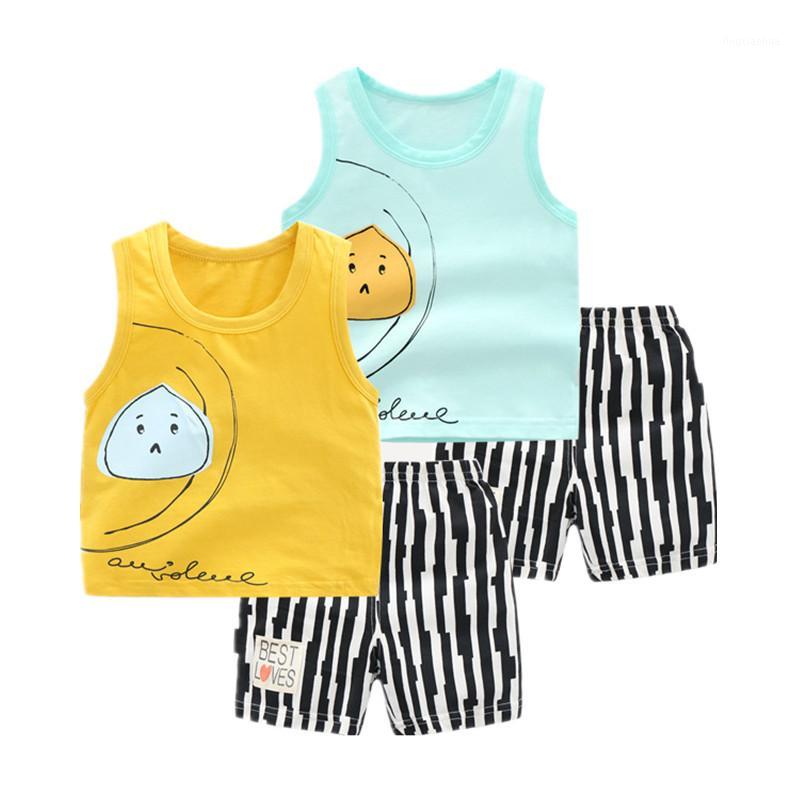 

New Infant Baby Boy Girl Summer Clothes Set Bun Printed Children's Sleeveless Vest Suit Cotton Vest+shorts Outfits 2 Colors1, 5111 blue