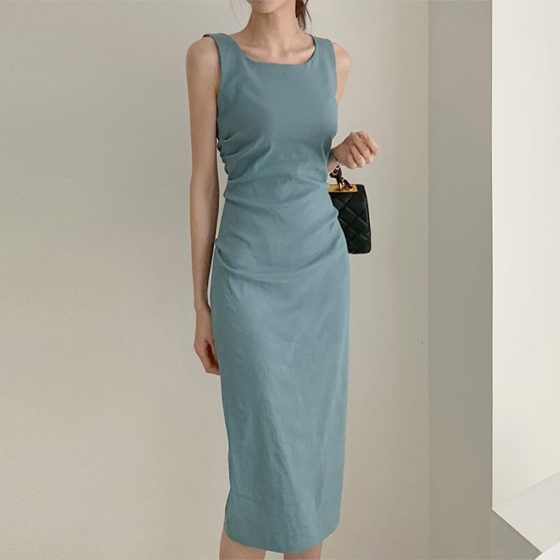 

2021 New Solid Color Office Lady Simple Sleeveless High Waist Tight Hem Elegant Women Vpfj, Navy blue