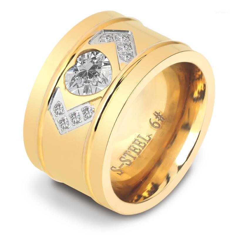

14mm Wide Yellow Gold Color Stainl.steel Heart CZ Zircon Channel Setting wedding ring for women1