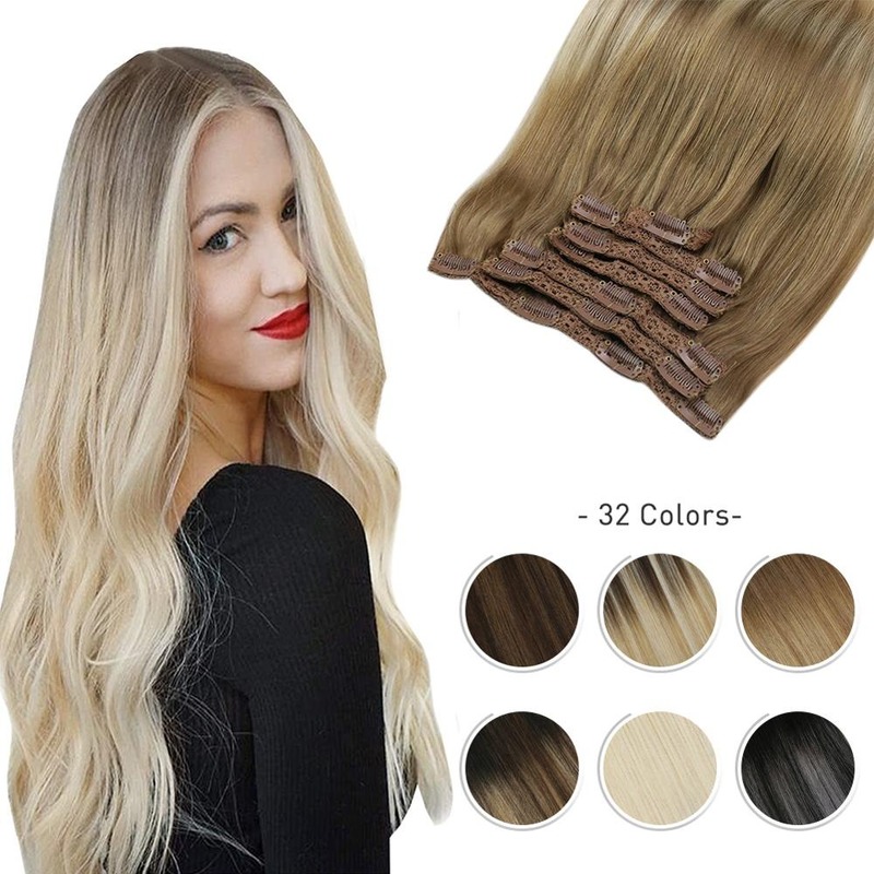 

Clip In Hair Extensions 10-24 inch Machine Remy Human Hair Brazilian Doule Weft Full Head Set Straight 7Pcs 120G