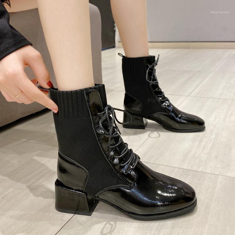 

Matte&patent leather knight boots women cross-tied patchwork motorcycle short botas thick heels square toe winter ankle booties1, Patent leather black