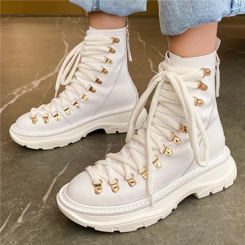 

Mobetty Women Genuine Leather Ankle Boots Casual Flat Platform Matin booties ZIP Cross-tied White Black Sneakers botas feminina
