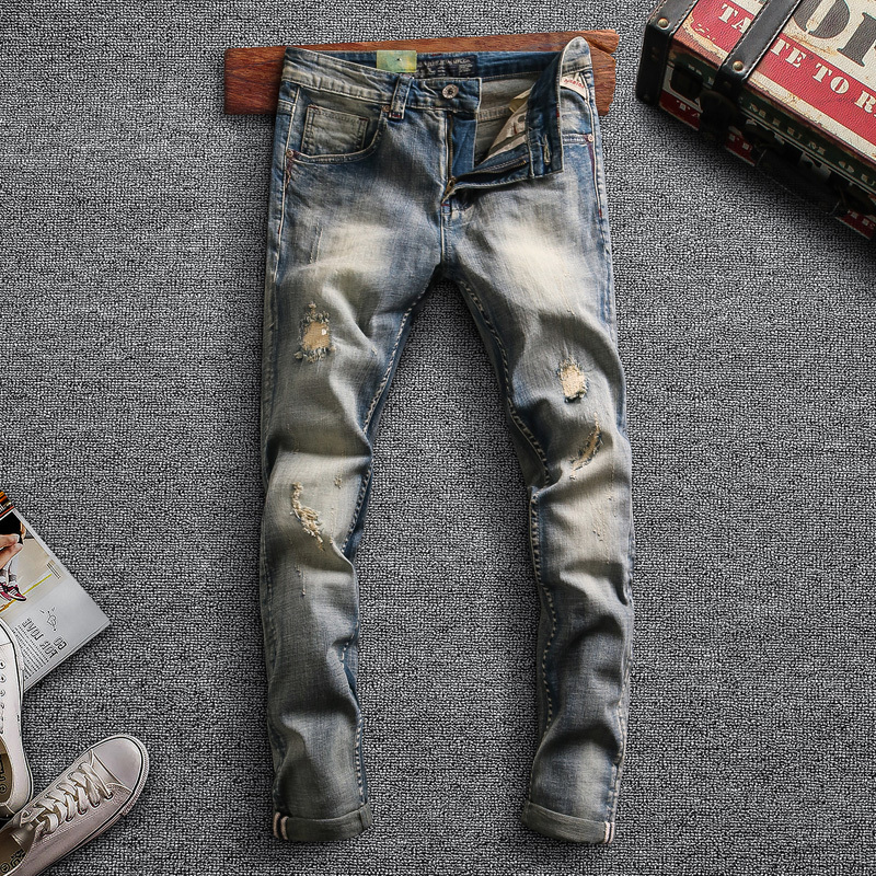 

2021 New Italian Style Fashion Men Jeans High Quality Retro Blue Elastic Slim Fit Ripped Denim Pants Patchwork Designer Long Trousers 0lab