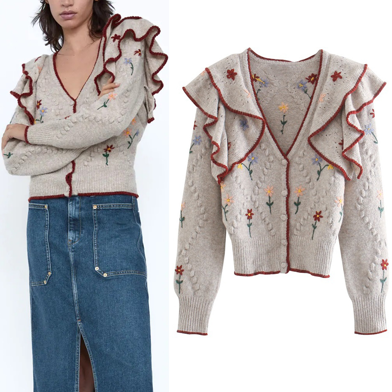 

2021 New Contrast Floral Embroidery Cropped Knitted Sweater Women Vintage Ruffle Long Sleeve v Neck Argyle Cardigan Top 05oy